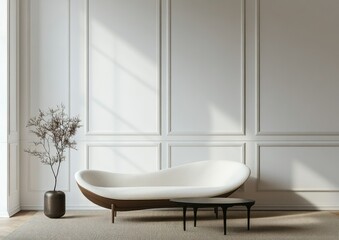 Modern white couch in sunlit, elegant, paneled room