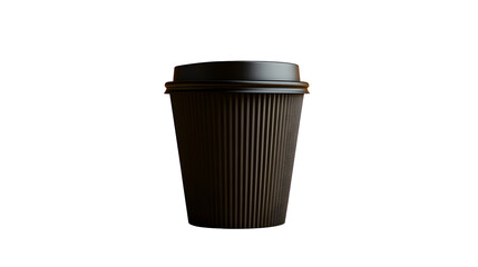 A black ribbed paper cup with a black lid on a white background.

