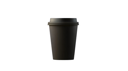 A black paper cup with a black lid on a white background.
