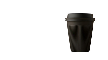 A black paper cup with a black lid on a white background.
