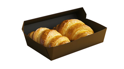 An open black box containing two golden-brown croissants on a white background.
