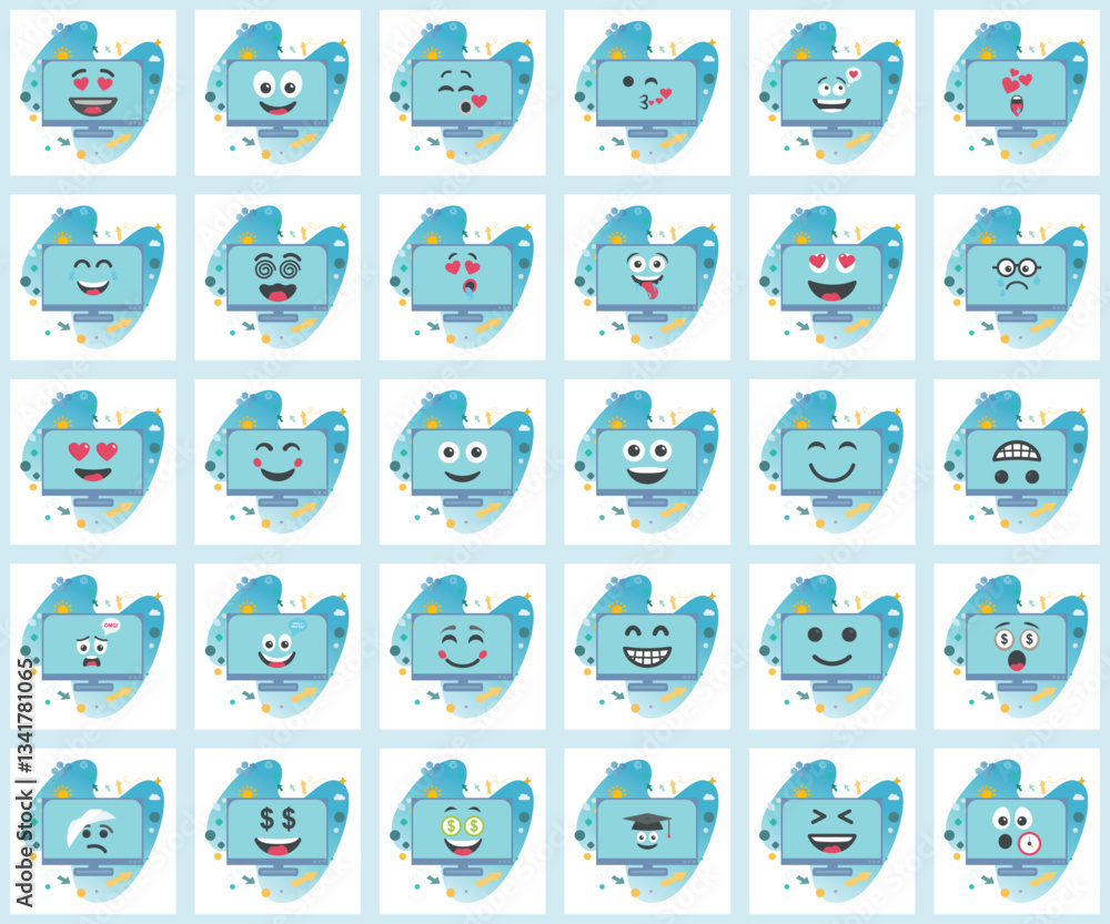 Poster playful pattern of computer monitor icons expressing diverse emotions