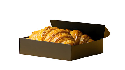 An open black box containing two golden-brown croissants on a white background.
