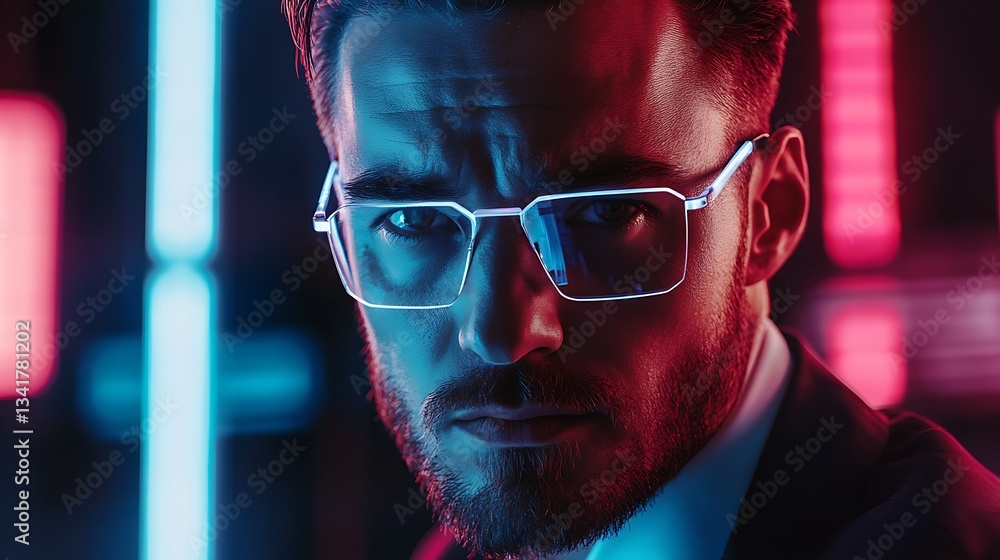 Poster a businessman using ai-driven predictive cyber threat analytics on a holographic display, preventing