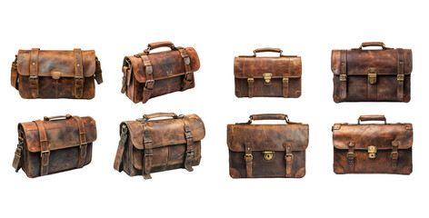 Collection of Eight Distressed Brown Leather Briefcases and Messenger Bags isolated with Transparent Background
