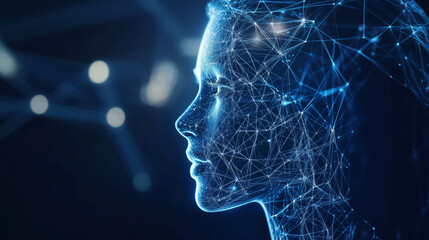 futuristic digital representation of human face, showcasing intricate network patterns and glowing lines, symbolizing technology and innovation