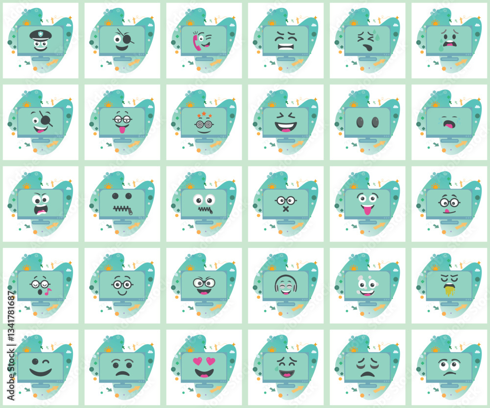 Poster seamless pattern featuring expressive monitor icons with diverse emotions and reactions