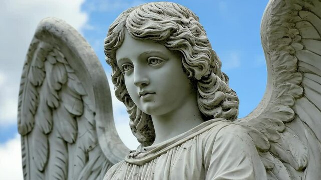 Detailed close-up of a serene angel sculpture with wings against a blue sky backdrop