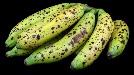 Spotted green bananas bunch on black background