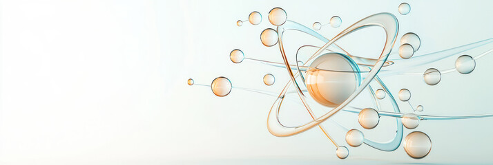 A conceptual design featuring an atomic structure in clear, glass-like material, its circular