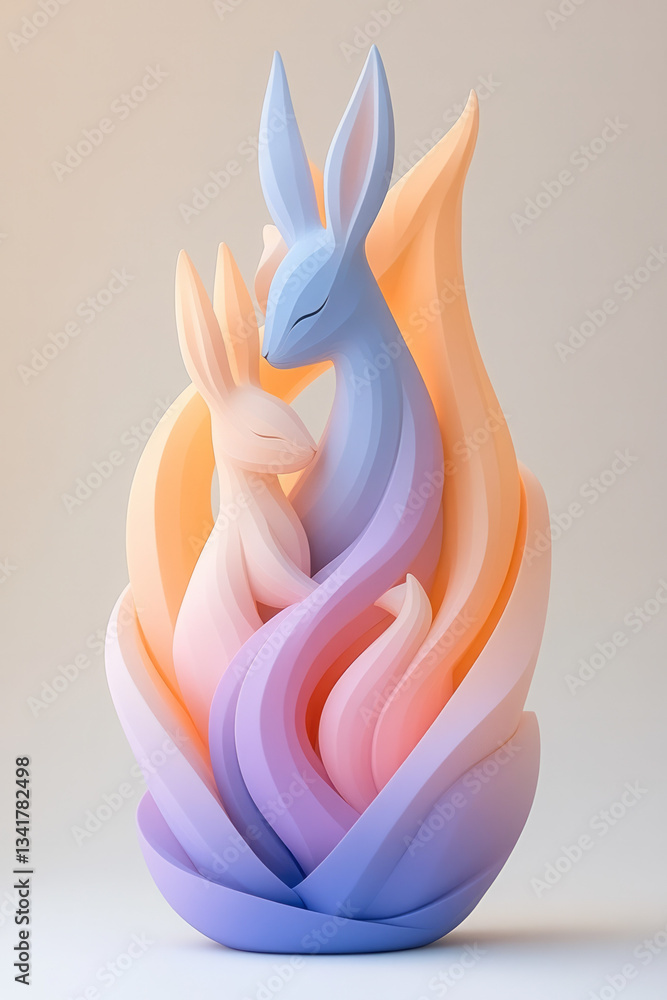 Poster a playful scene featuring a family of rabbits, their forms constructed from interlocking shapes in