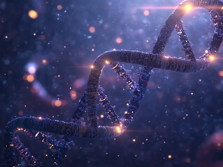 DNA double helix with glowing particles and scientific data overlay