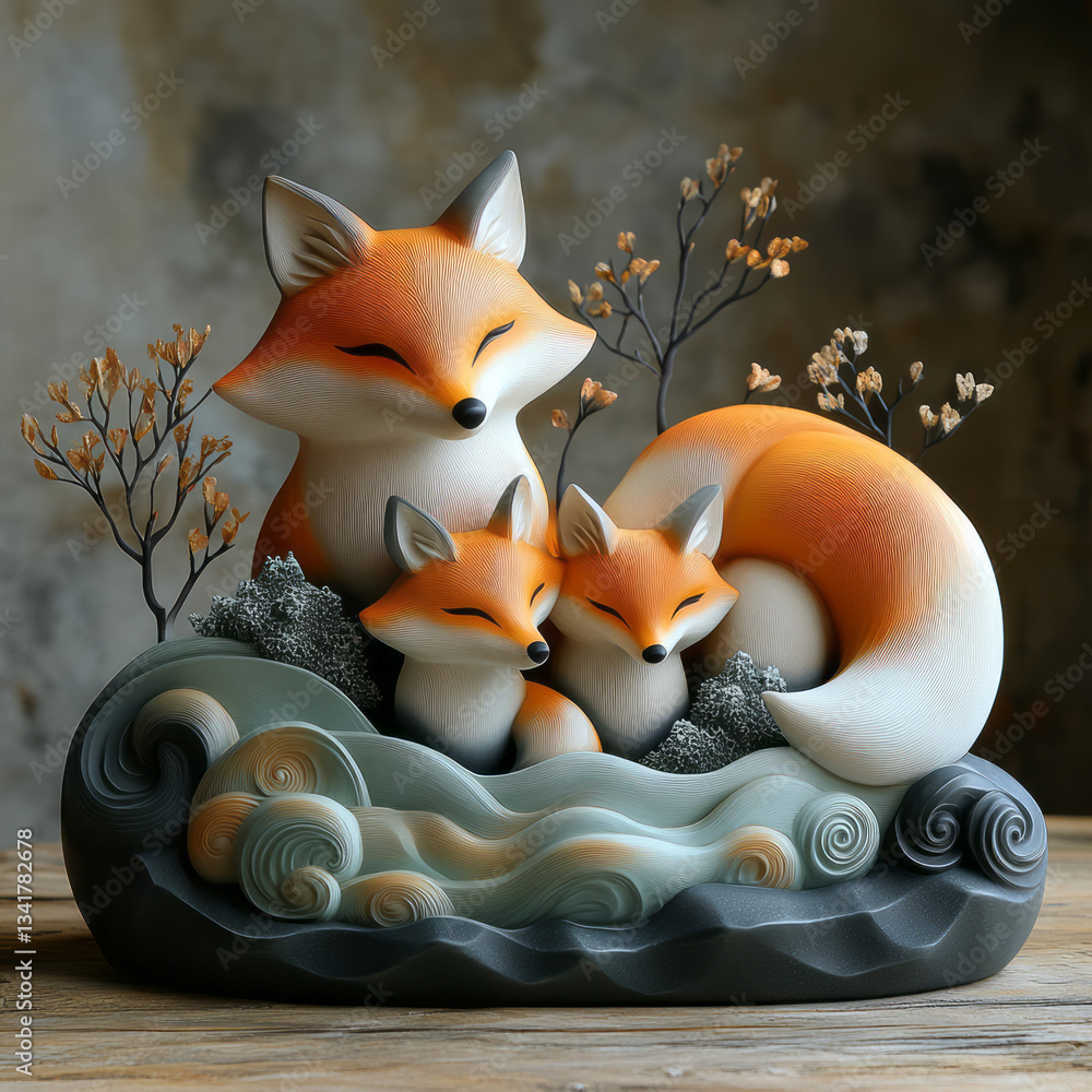 Poster a playful scene featuring a family of foxes, their forms constructed from interlocking shapes in