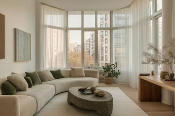 Fototapeta premium Serene living room with a curved sofa, organic stone coffee table, and soft neutral tones, enhanced by natural light and greenery