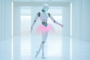 Captivating performance of a ballerina AI robot in a futuristic dance studio glowing with innovation and artistry