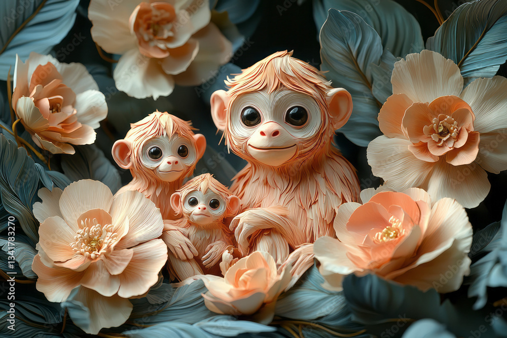 Poster a playful scene featuring a family of monkeys, their forms constructed from interlocking shapes in