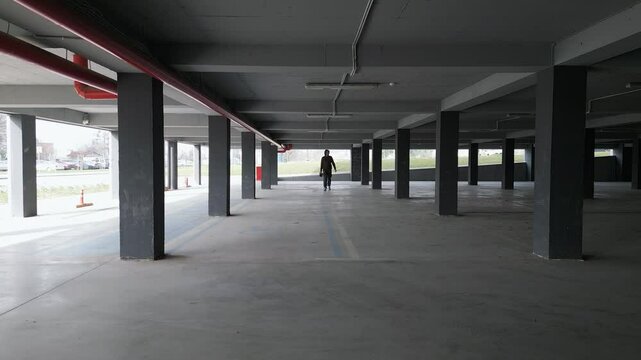 A lone man walks through a dimly lit, empty parking garage with concrete pillars and open windows, casting shadows. The industrial space has a moody atmosphere with a sense of mystery