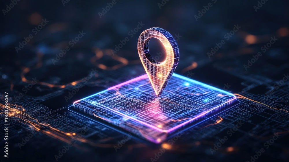 Poster a glowing, wireframe map marker hove over a vibrant digital city grid symbolizes advanced geolocatio