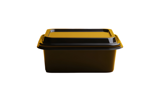 A black rectangular food container with a yellow lid, ideal for takeout meals, meal prep, and restaurant packaging.
