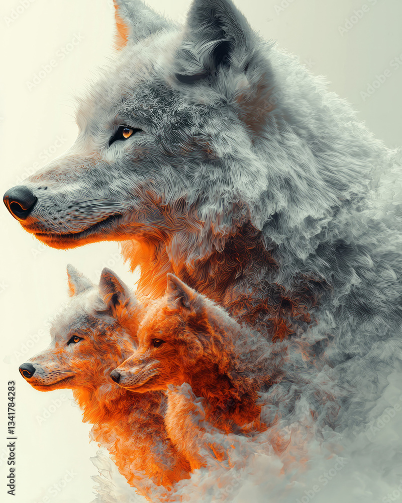 Poster a playful scene featuring a family of wolves, their forms constructed from interlocking shapes in