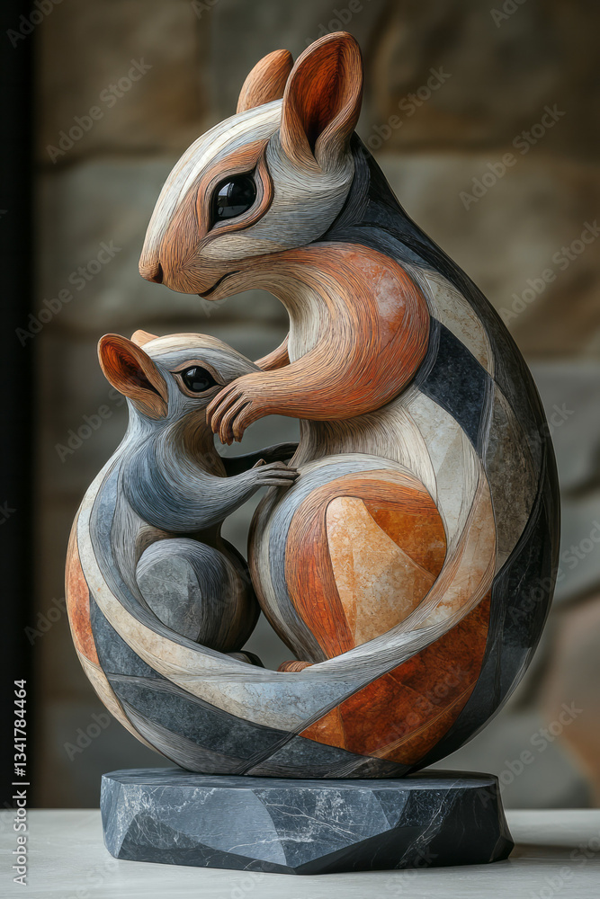 Poster a playful scene featuring a family of squirrels, their forms constructed from interlocking shapes