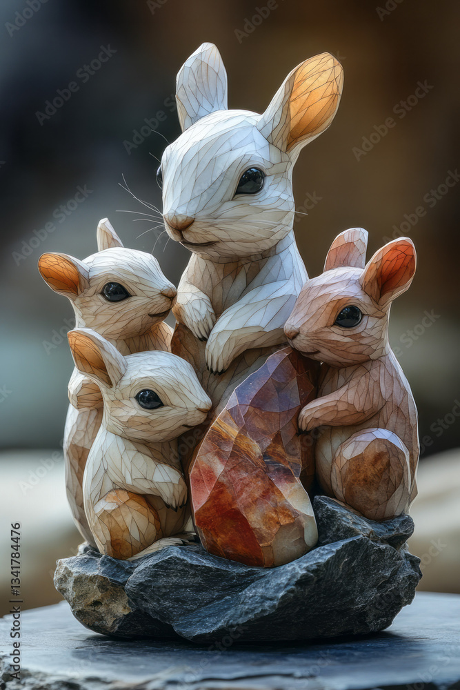 Poster a playful scene featuring a family of squirrels, their forms constructed from interlocking shapes