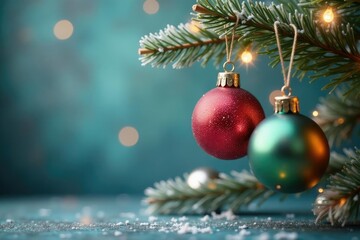 Obraz premium Colorful Christmas ornaments hang from a wooden branch, wooden decorations, snowflake decoration, string lights