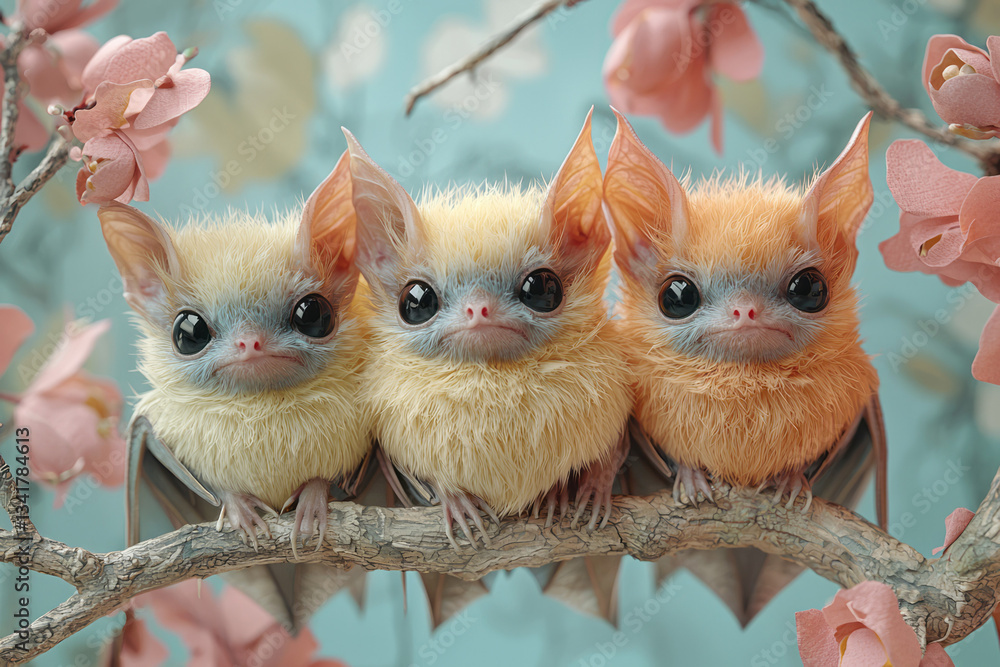 Poster a playful scene featuring a family of bats, their forms constructed from interlocking shapes in