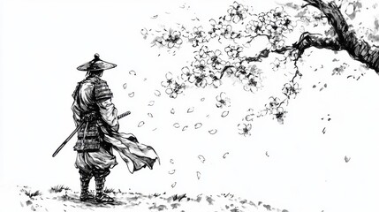 A lone samurai standing beneath a blooming cherry blossom tree