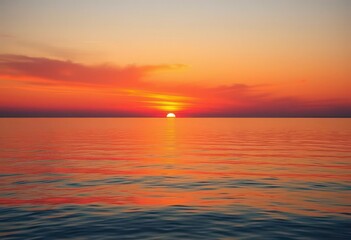 Obraz premium Fiery orange and purple sunset reflecting on calm Lake Michigan waters, photography, golden hour