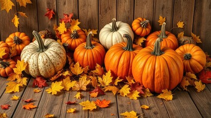 Cozy autumnal scene with pumpkin patch and golden leaves on wooden floor, wood, nature scene, fall decor