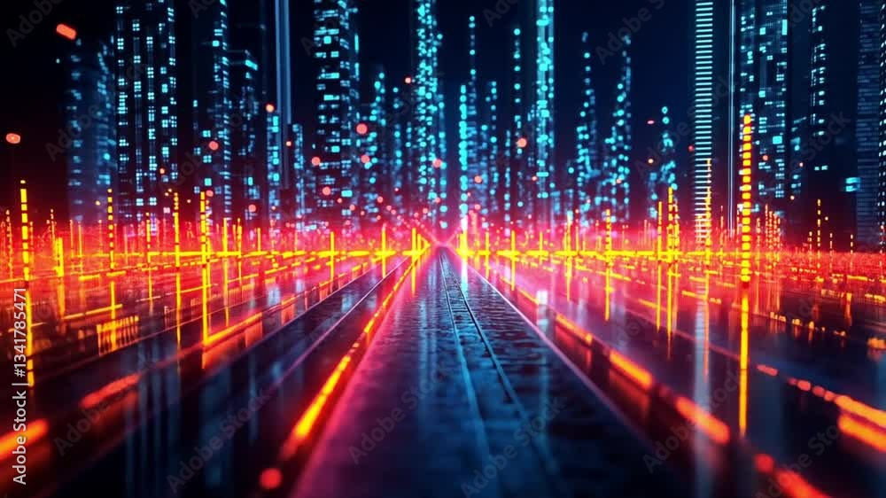 Poster a futuristic digital landscape with glowing neon lights and binary data forming a cyber city. concep