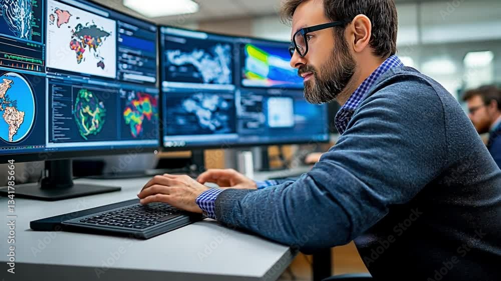 Poster a professional meteorologist examines detailed weather data on multiple computer screens in a resear