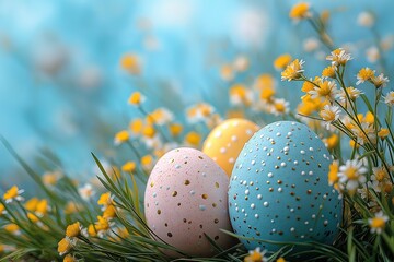 Three Pastel Easter Eggs in a Spring Meadow with Yellow Flowers