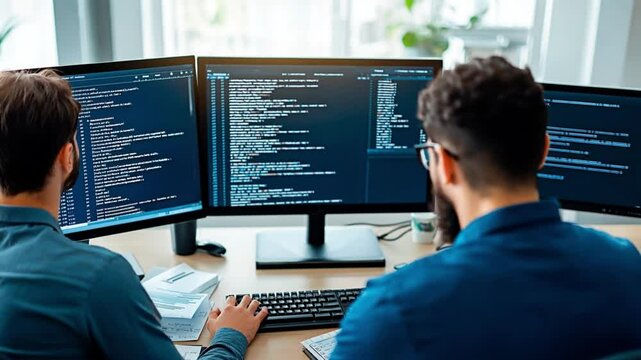 Two software developers analyze complex programming code on triple monitors in a modern workspace. concept of Coding, IT teamwork, and software engineering.