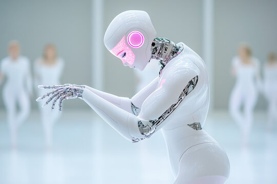Ballet performance by an elegant AI ballerina in a futuristic dance studio with human dancers in the background - Powered by Adobe