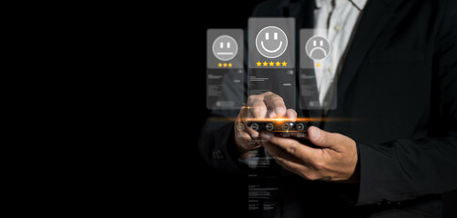 Customer rates service experience an online application, providing feedback in a customer satisfaction survey. Evaluation helps assess service quality, influencing business's reputation and ranking