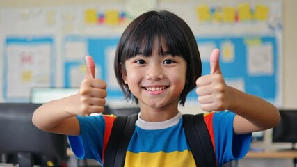 A happy young asian schoolboy with a backpack gives a double thumbs-up in a bright classroom. Concept of positivity, academic enthusiasm, and student happiness.