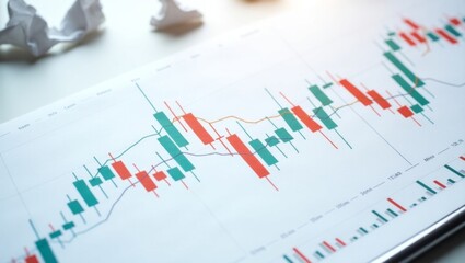 Close-up of a stock market chart with changing prices and candlestick graphs