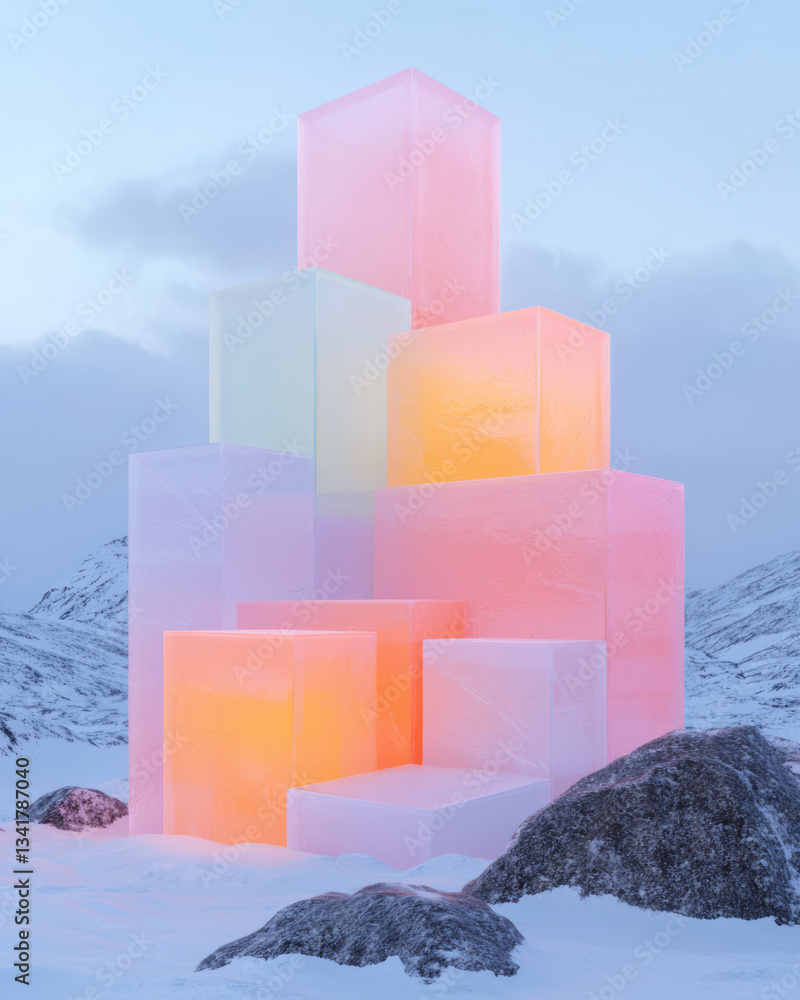 Poster geometric interpretation of an arctic observation tower, designed with pastel-colored interlocking