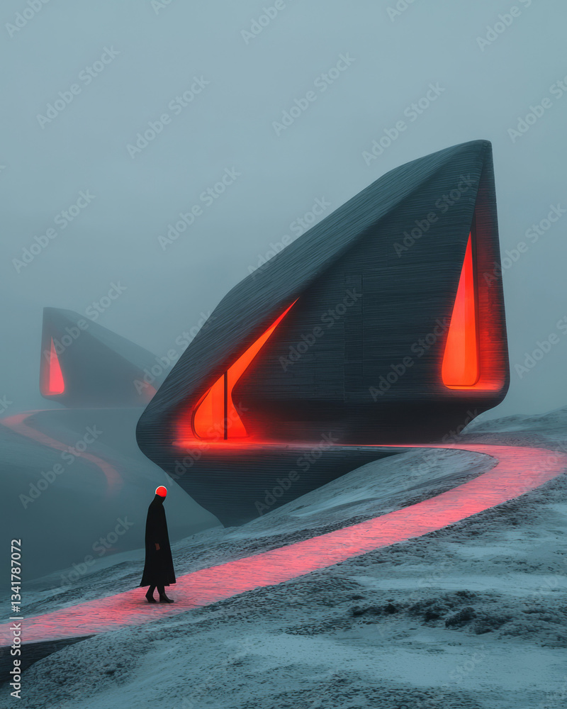 Poster futuristic and minimalist arctic greenhouse structures made from interconnected geometric shapes,