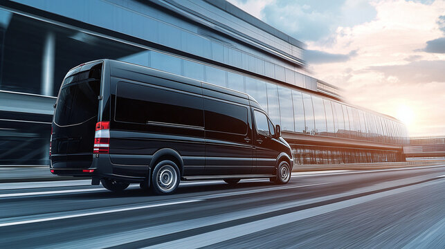 Side back view of black VIP service van running on airport taxiway to terminal building. Limo business class taxi service at airfield. Transfer for security intelligence agency on holiday trip