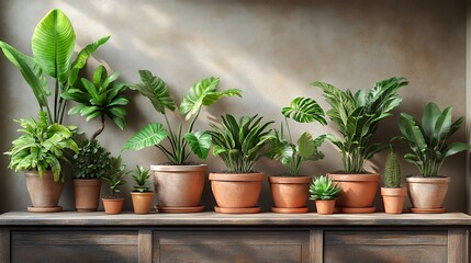 Obraz premium Lush Indoor Plant Display on Wooden Table Enhancing Home Decor