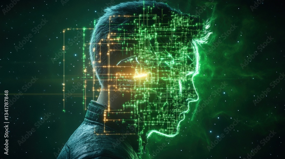 Poster a stylized profile of a man's head featu glowing green circuit board patterns and data streams again