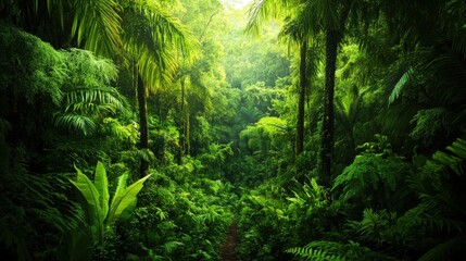 Fototapeta premium Lush green jungle filled with tall trees and dense foliage, creating a serene and vibrant atmosphere.