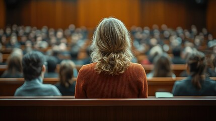 Woman at conference audience;  lecture hall background.  Use presentation
