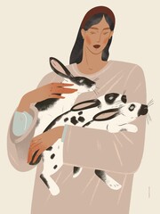 illustration of an elegant woman with a black and white rabbit animal. poster, postcard, picture for interior