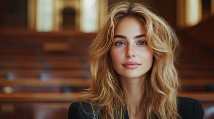Blonde woman portrait, serious expression, indoor, wooden background, professional headshot