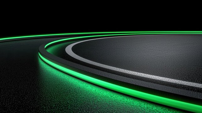Illuminated green path, a curved road with green traffic signal leads the way curved