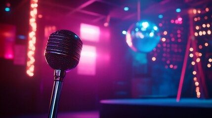 Close-up of a microphone with a disco ball and lights in the background